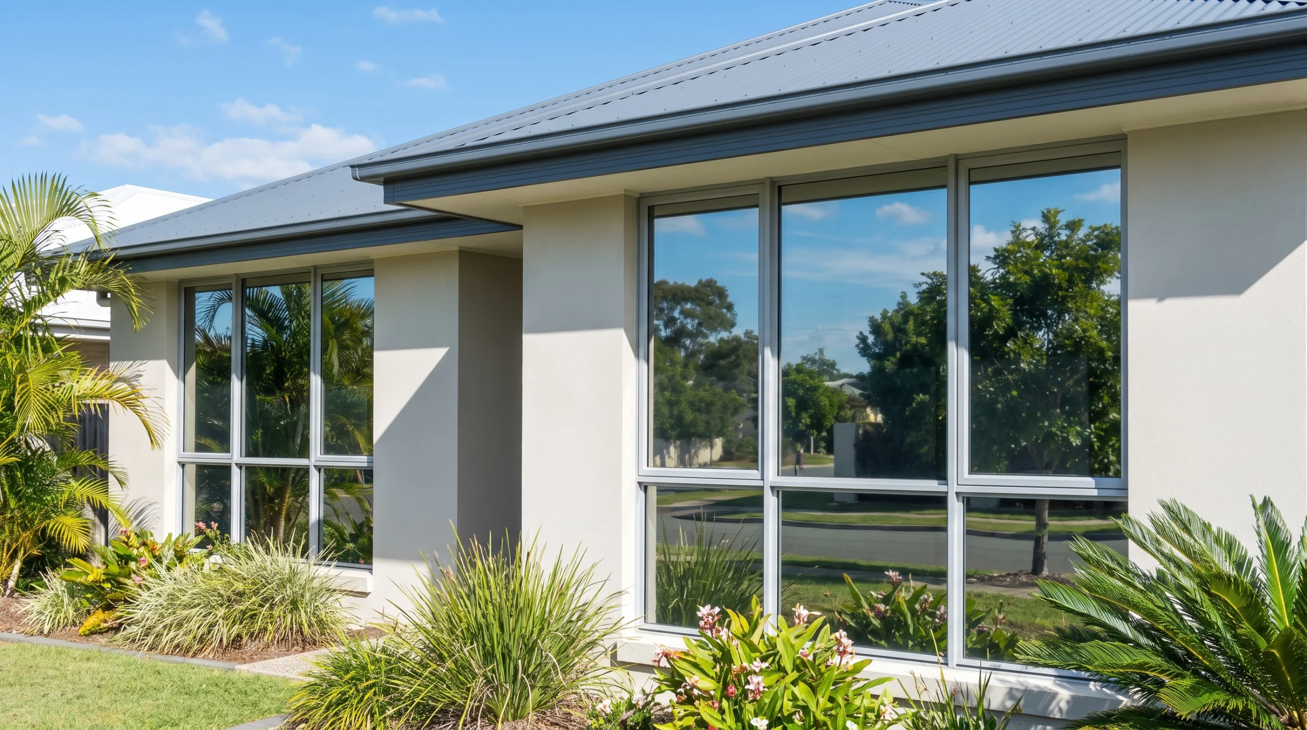 Reflective daytime privacy window film on street-facing living room windows of a Brisbane home.