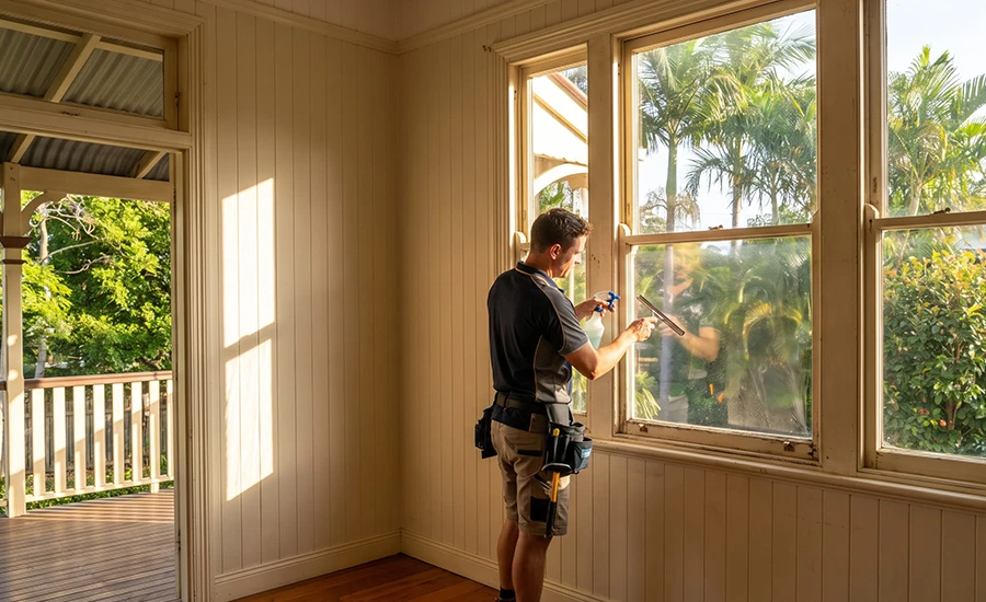 Installer applying window tinting to timber sash windows in a Brisbane Queenslander home