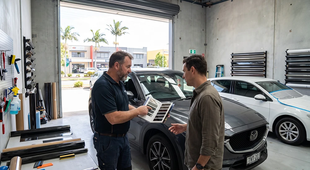 Customer discussing car window tint options with a professional installer in Brisbane